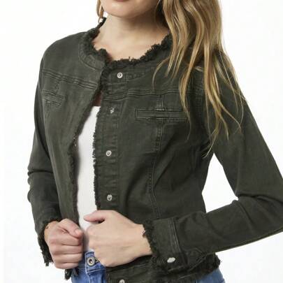 Giacca Denim Donna Senza Colletto in Cotone con Finte Tasche (cod. 6809)