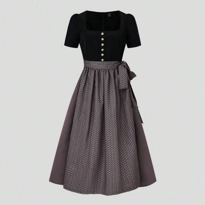 Abito Dirndl da donna con bottoni in perla sul davanti e grembiule con motivo retrò, abiti Dirndl, per l'Oktoberfest