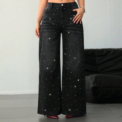 Jeans donna, jeans alti per donna, jeans neri vita bassa, jeans larghi e luccicanti con strass, jeans stile bling, jeans larghi, jeans a vita bassa, p