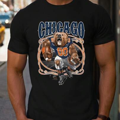 Maglietta nera da uomo dei Chicago Bears. T-shirt stampata alla moda, 220 g/m², casual da uomo, scollo rotondo, in puro cotone, maniche corte (1 pezzo