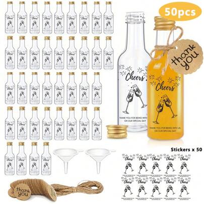 50 pezzi, Bottigliette di liquore mini per matrimoni con tappi, bottigliette di plastica mini vuote da 2 oz/60 ml con adesivi "Brindisi", imbuti, etic
