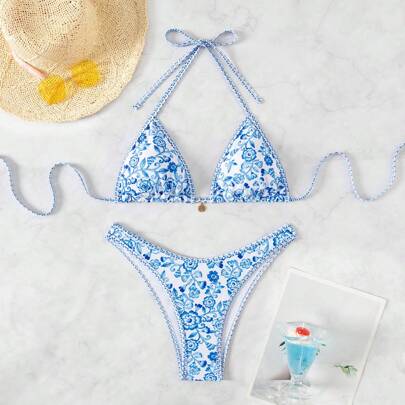Conjunto bikini si sexy con estampado floral y cuello halter con lazo, ideal para verano y playa para mujeres