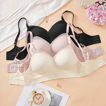 3 pezzi di intimo donna, reggiseno e mutande senza cuciture in pizzo tinta unita, con spalline regolabili e fibbia, coppa fissa e comoda senza cerchi,