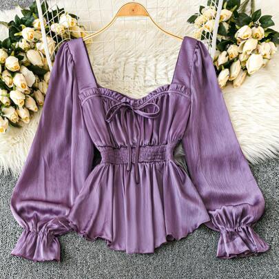 Taglie forti top con maniche a lanterna, scollo a cuore, vita a peplum in colore unito, top a peplum per primavera/autunno