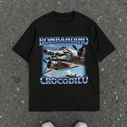 Maglietta "Bombardino Crocodilo" da uomo, stile "Brainrot" surrealista italiano, maglietta divertente con grafica di coccodrillo e aereo, maglietta vi
