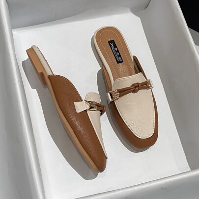 bicolore con nodo Mules piatte , multicolore elegante contrasto colore annodato Mules Tacchi