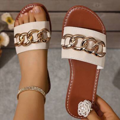 Ciabatte da donna, ciabatte con cinturino a catena dorata, ciabatte in pelle PU, ciabatte flat, ciabatte con punta quadrata, ciabatte con design a sin