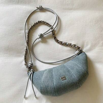 Borsa a tracolla monospalla blu denim da donna, borsa croissant con catena, adatta per lo shopping, appuntamenti, feste, adatta a tutte le stagioni