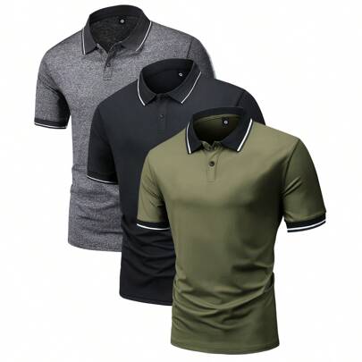 Set da 3 pezzi di polo a maniche corte, polo slim-fit estive leggere in colori a contrasto, stile vintage/classico adatto per casual, sport, vacanze