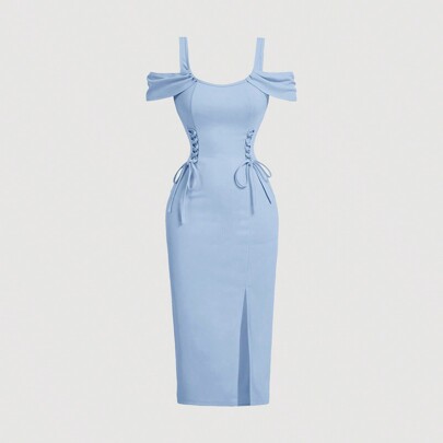 Vestito estivo da donna con fessura e laccio in vita, abito casual da ufficio, abito da sposa, vestiti estivi blu da donna, vestiti sexy, abito attill