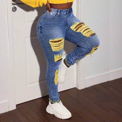 Leggings in jeans denim blu da donna di taglia comoda, jeans strappati, pantaloni di jeans estivi con fori colorati, denim elasticizzato snellente