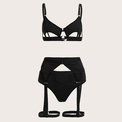 Set Da Donna Taglie Forti Con Bralette Scavata, Mutandine Perizoma E Reggicalze (3 Pezzi)