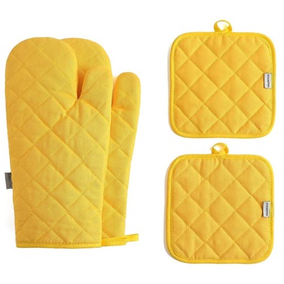 Guanti da forno gialli e presine Set da 4 pezzi, Guanto da forno lungo da cucina extra addensato da 500 gradi resistente al calore elevato per cucinar