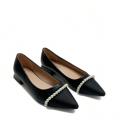 Scarpe casual da donna con punta affusolata e decorazione di perle finte, slip-on