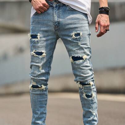 Jeans in denim premium consumato da uomo, Jeans slim fit skinny con strappi, pantaloni da uomo modello 2025