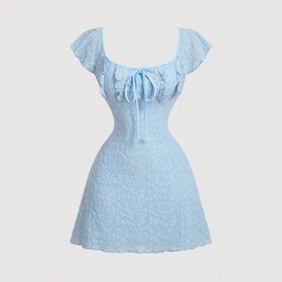 Vestito mini in maglia di pizzo blu, abito babydoll da vacanza, abbigliamento boho da donna, outfit estivi da donna