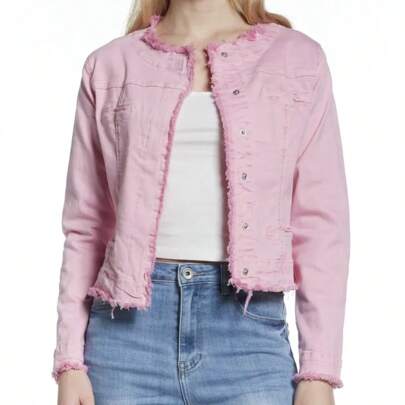 Giacca Denim Donna Senza Colletto in Cotone con Finte Tasche (cod. 6809)