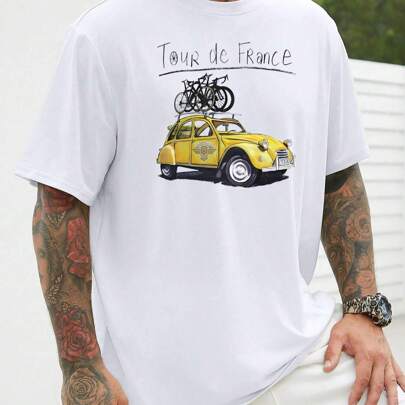 T-shirt bianca con motivo auto del Tour de France, t-shirt da uomo a scollo tondo, 220 g/m², estiva, in puro cotone, maniche corte (1 pezzo)