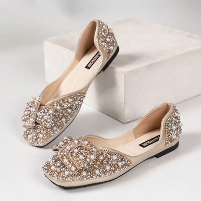 Scarpe slip-on casual da donna con perle, strass e fiocco decorativo, modello estivo/primaverile