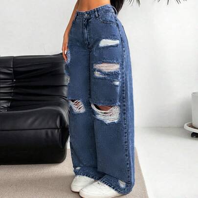 Jeans di jeans casual da donna con bottoni frontali e tasche, effetto used semplice, adatti per uso quotidiano