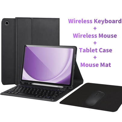 [4 in 1] Custodia con tastiera, mouse e tappetino mouse, compatibile con Samsung Galaxy Tab e iPad, Redmi Pad Se, con tastiera senza fili bluetooth st