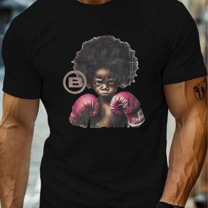 Maglietta nera da uomo con la scritta "Kid with Boxing Gloves". T-shirt con stampa alla moda, 220 g/m², da uomo, casual, scollo rotondo, puro cotone,