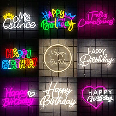 Insegna al neon "Mis Quince/Buon compleanno/Feliz Cumpleaños", luce notturna a LED per decorazione da parete, festa, camera da letto, bar, matrimonio,