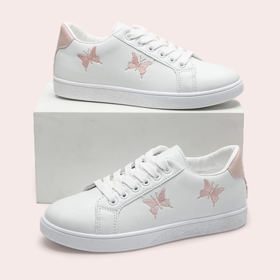 con ricamo farfalla lacci davanti Scarpe da skate , bianco sportivo con design fumetto lacci Sneakers