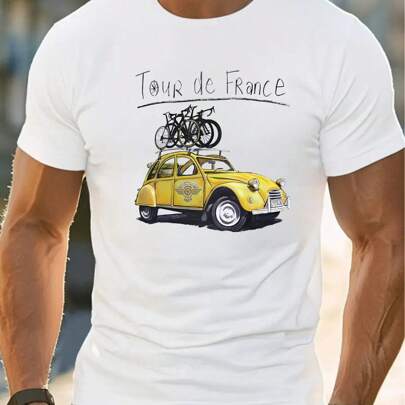 T-shirt da uomo con stampa di auto e bicicletta del Tour de France. T-shirt casual da uomo in puro cotone a maniche corte con scollo rotondo, 220 g/m²