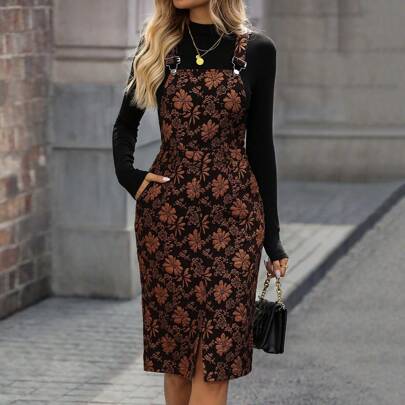 Elegante abito pinafore in jacquard floreale, per l autunno