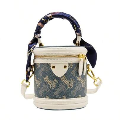 Vintage Carriage Print Bucket Bag with Scarf Handle – Blue & White