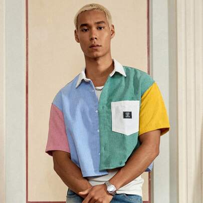 Camicia casual da uomo dalle linee morbide e fluide, in tessuto intrecciato, a maniche lunghe e vita corta