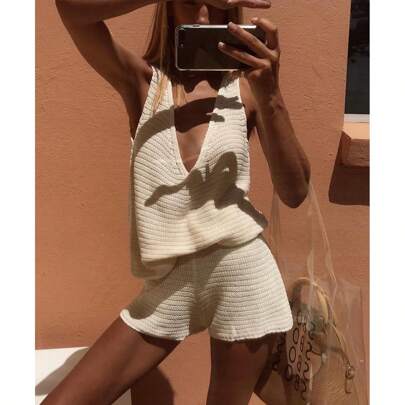 Completo di top e pantaloncini in maglia sexy per donne, outfit estivi per uso quotidiano, outfit vacanzieri, outfit da gyaru