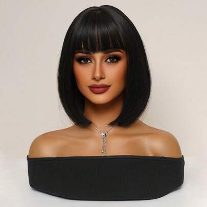 naturale nero Bob Parrucche corto stile di capelli Frangia Parrucche resistente al calore chimica fibra Parrucche usura quotidiana Donna Parrucche dol