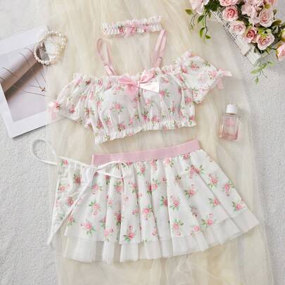 Ensemble Abito Femminile Sexy A Fiori Romantici, Set Di Lingerie