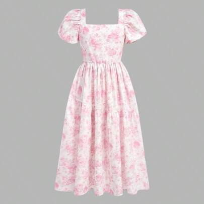 Vestito casual da ragazza pre-adolescente con scollo quadrato, maniche corte e motivo floreale petit-point