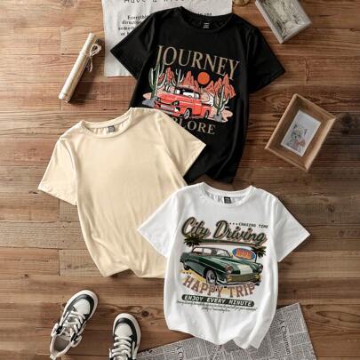 3 pezzi/set T-shirt a maniche corte aderenti casual minimaliste con stampa di cactus e auto d epoca per donne, estivo