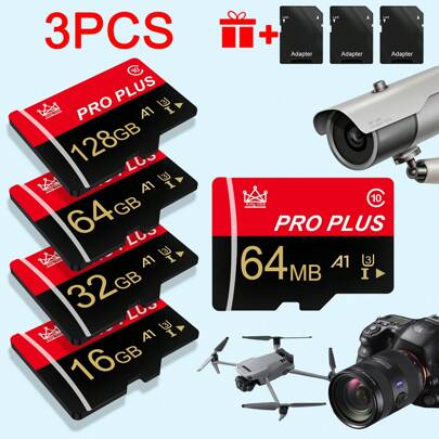3 schede di memoria TF ad alta velocità, capacità effettiva Micro SD: 128 GB/64 GB/32 GB/16 GB/8 GB/4 GB/2 GB/1 GB/512 MB/256 MB/128 MB/64 MB | Con ad