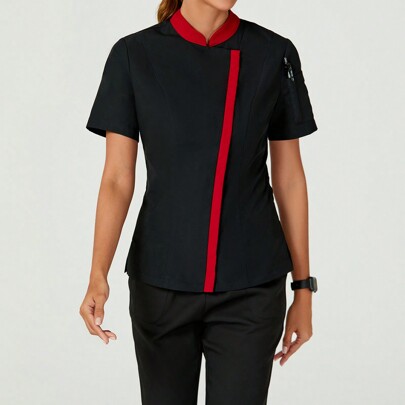 Divisa da cuoco donna Shein (uniforme da cuoco con contrasto rosso, camicia casual a maniche corte per pendolarismo e lavoro)