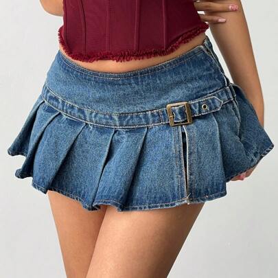 Minigonna in jeans plissettata sexy a vita super bassa per donne