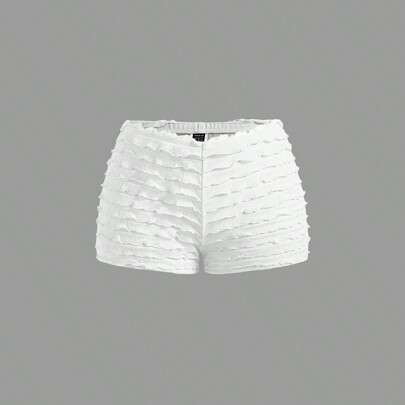 Shorts casual da donna con vita bassa, slim fit, elasticizzati, mini shorts a pantalone, shorts con volant, shorts casual versatili, shorts con stampa