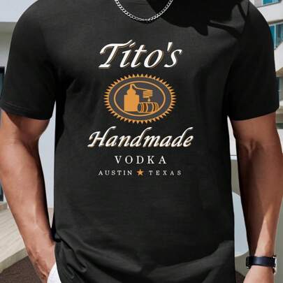 Maglietta nera da uomo con motivo "Tito's Handmade Vodka". T-shirt con stampa alla moda, 220 g/m², da uomo, casual, scollo rotondo, puro cotone, manic