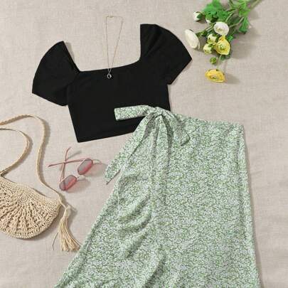 Wywh Donne Vacanza Primavera White Top Solido Crop Top & Ditsy Floral Print Wrap Skirt Set