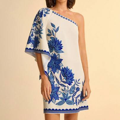 Abito casual asimmetrico stampato per brevi vacanze, colore blu