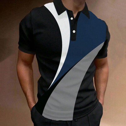 Polo da uomo con blocchi di colore, camicie polo casual, camicie polo in tessuto, camicie polo con bottoni, polo da uomo