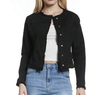Giacca Denim Donna Senza Colletto in Cotone con Finte Tasche (cod. 6809)