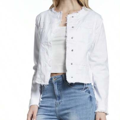 Giacca Denim Donna Senza Colletto in Cotone con Finte Tasche (cod. 6809)