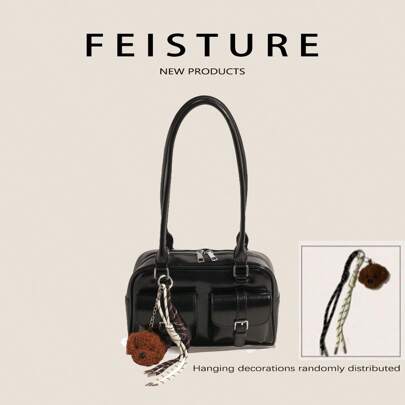 Borsa da bowling in PU monocolore con tasche multiple per donne (con ciondolo a forma di cane), chiusura con cerniera, adatta per lo shopping, gli app