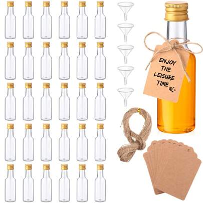 Set di 30 bottigliette mini di liquori, bottigliette shot vuote in plastica da 50ml, bottiglie a tenuta d'aria per superalcolici con tappi, 5 imbuti,