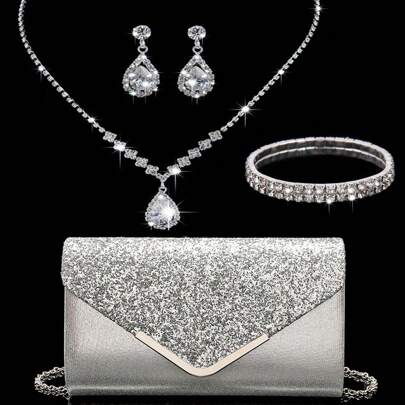 Set di gioielli in 4 pezzi con strass, set di collana, orecchini e braccialetti scintillanti per donna, clutch da sera per occasioni come matrimonio,